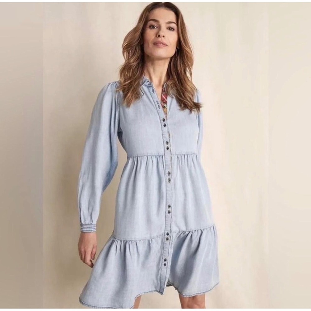 Matilda Jane Light Wash Lyocell Denim Tiered Dress Plaid Trim Womens Medium